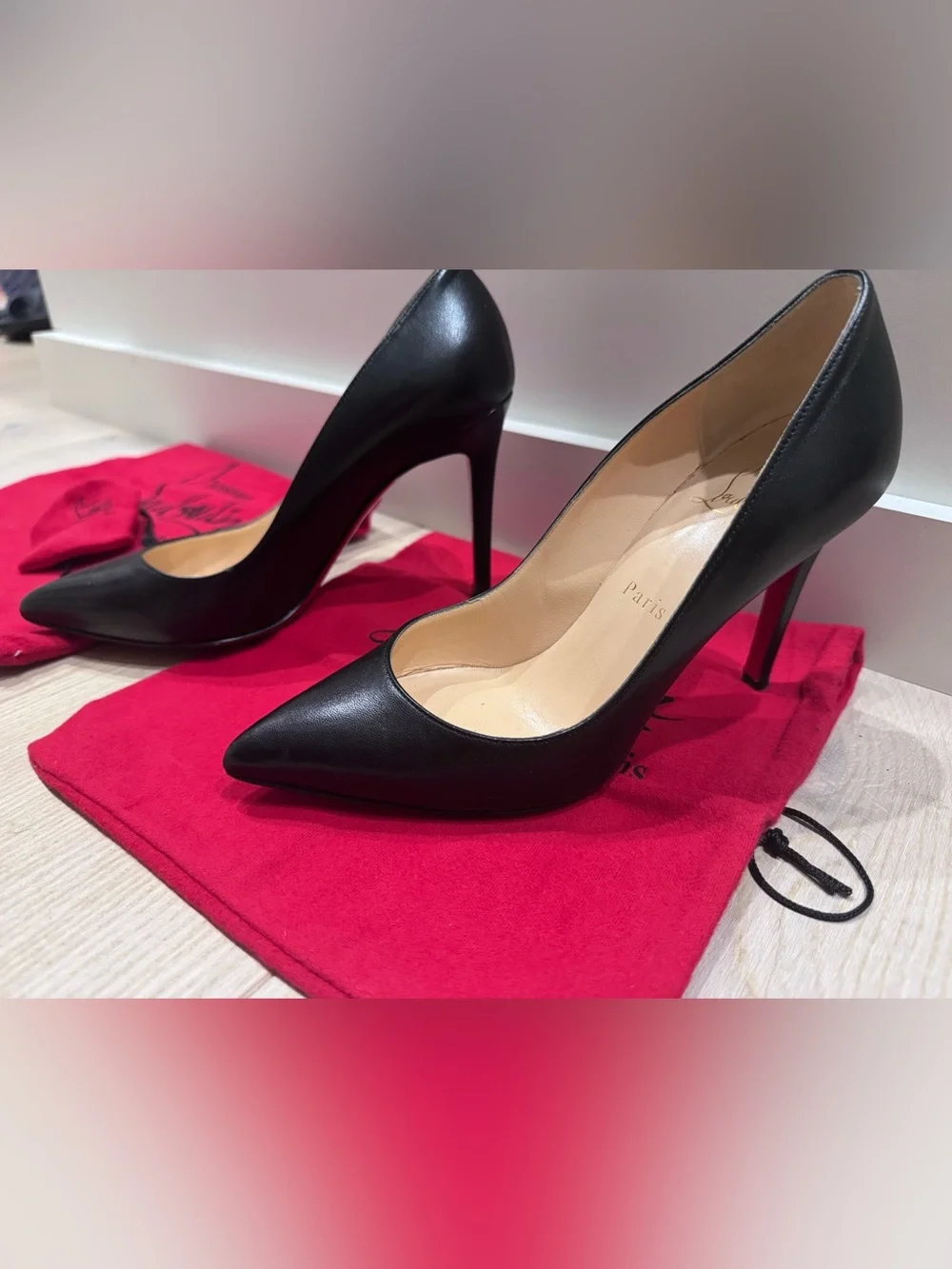 Christian Louboutin Black Leather Pointed 100mm Pumps with Red Dust Bag